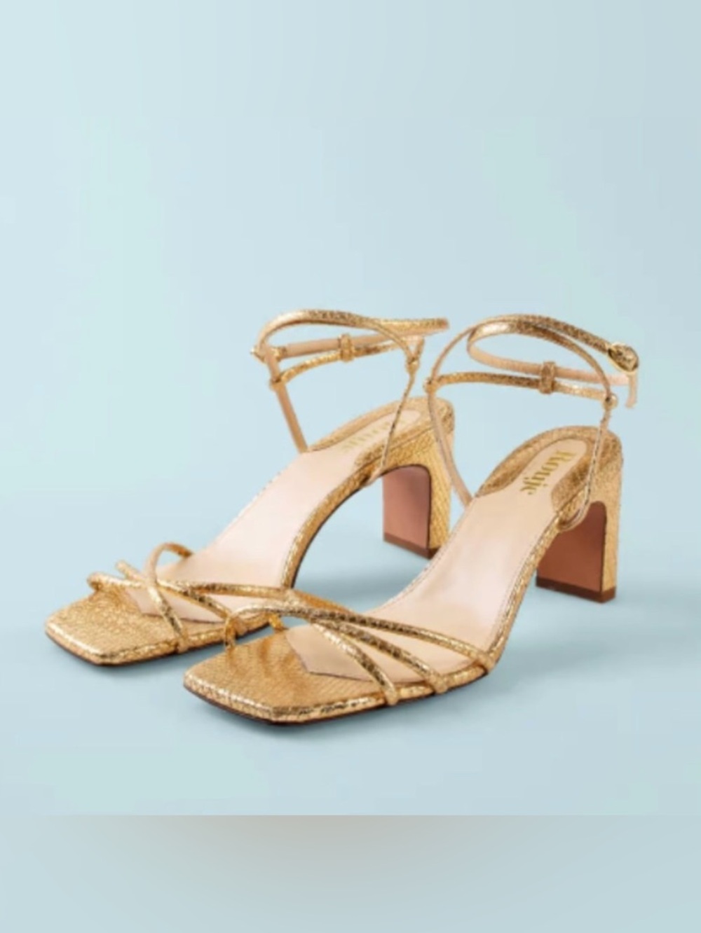 Rouje Gold Strappy Python Yolande Ankle-Tie Sandal Heels